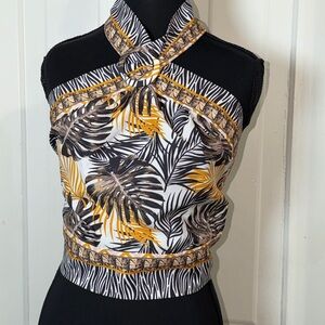 Milk & Honey medium Tropical Print Halter crop Top BOHO leaf Amazon culture